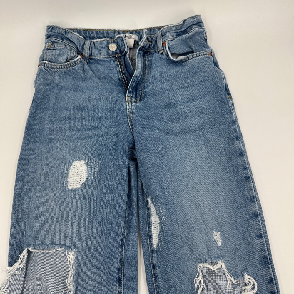 Forever 21 Premium Wide Leg Distressed Jeans Womens 25 Blue High Rise Ripped - Picture 2 of 11